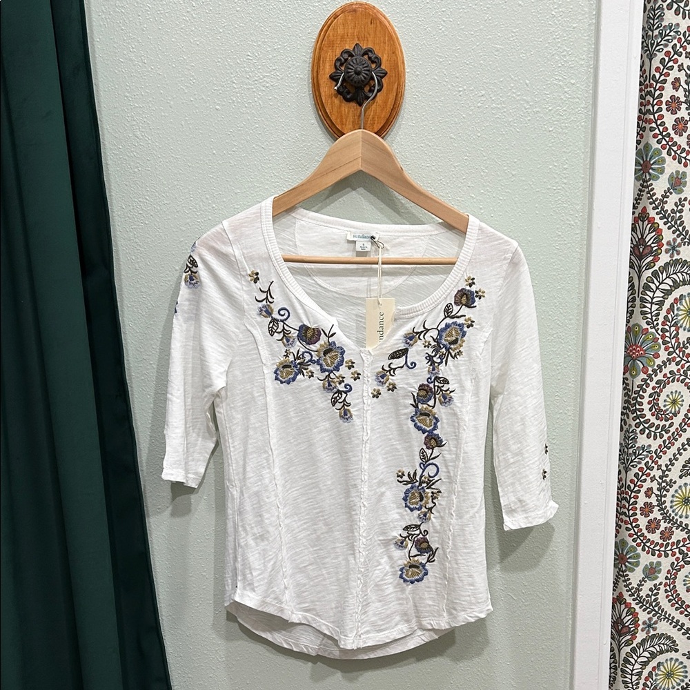 Sundance White Floral Embroidered Blouse, Sm/Xs